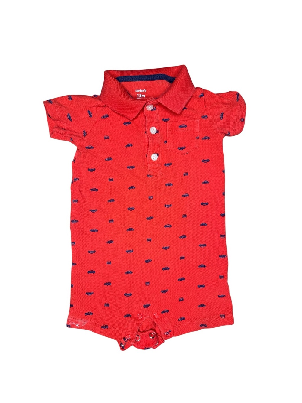Carter's Red Polo Romper with Navy Car Motif